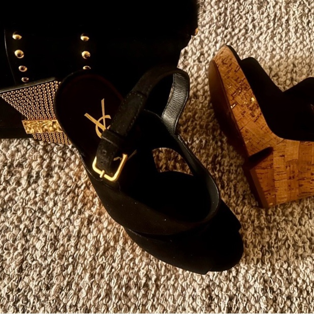 Yves Saint Laurent Black and Brown Wedge Sandals